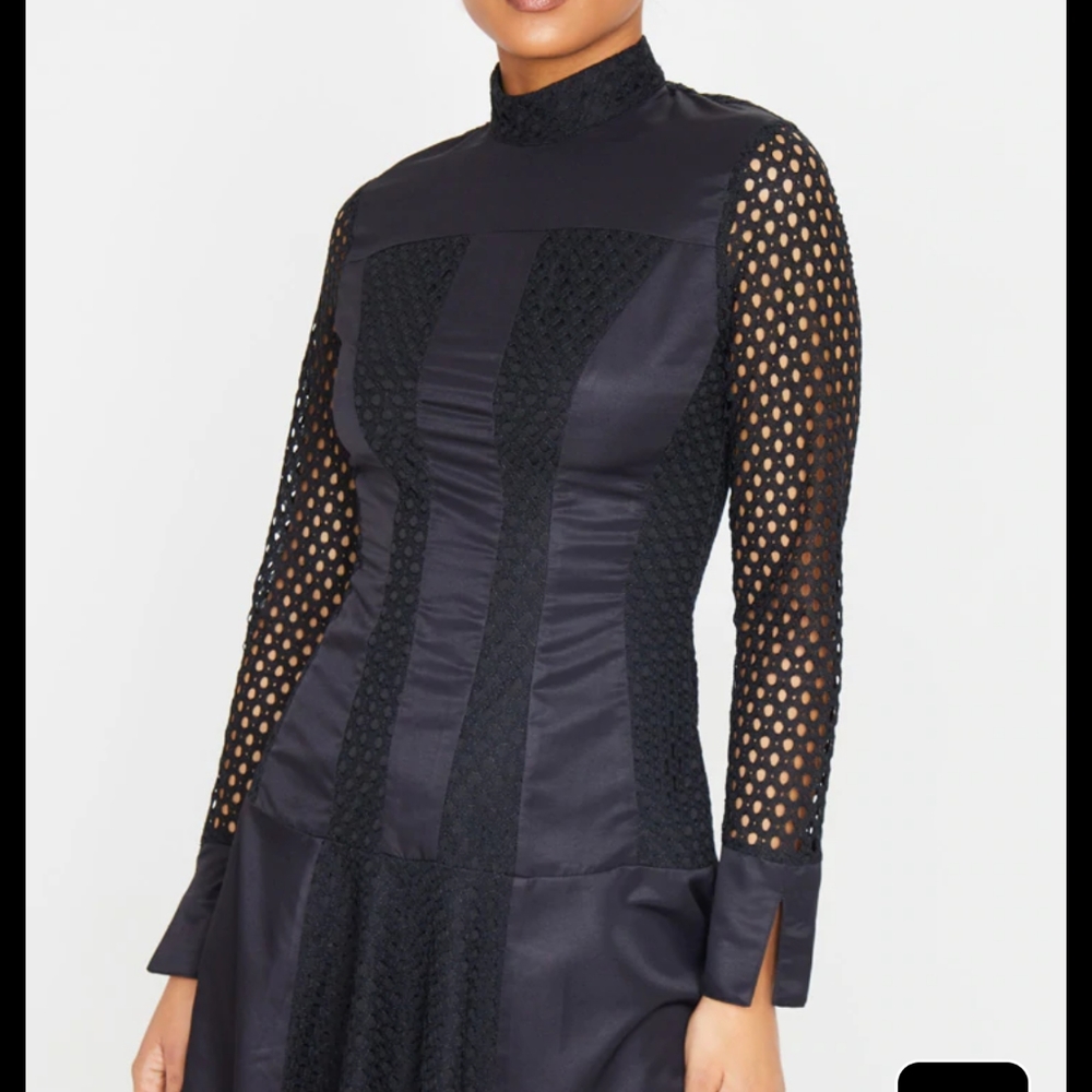 Black Panelled Frill Hem High Neck Bodycon Dress - Picture 4 of 7